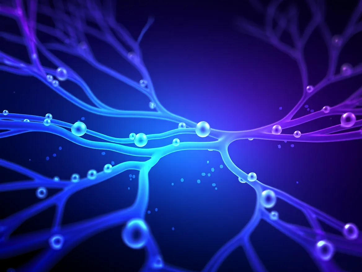 Artistic representation of cellular oxygen flow with blue and violet gradient tones